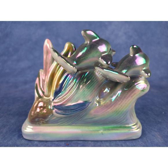 Iridescent Dolphin Family With Rainbow Splashing Waves Ceramic Figurine - Picture 5 of 8
